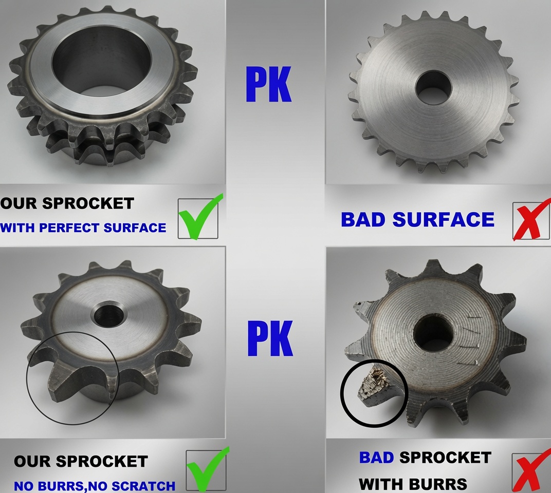 Type A flat disc-profile sprocket used as idler on overhead double-pitch chain conveyor